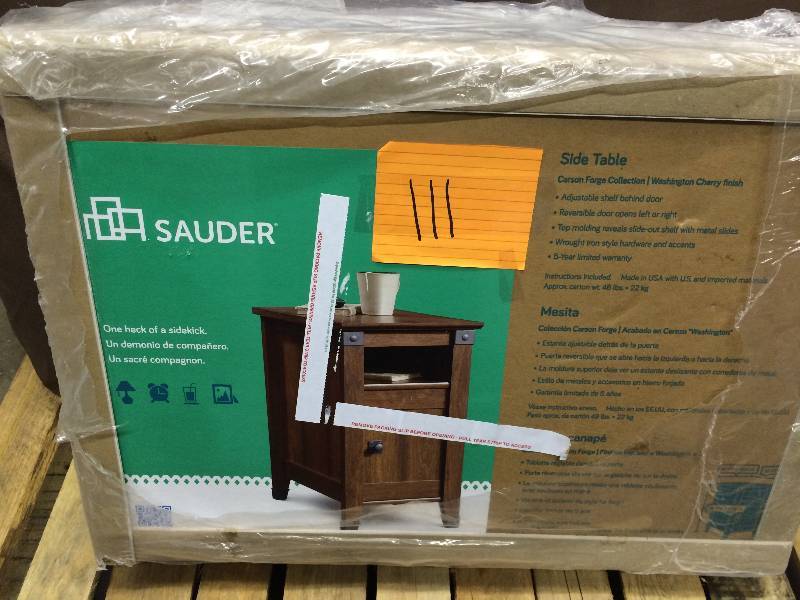 lot 111 image: Sauder Carson Forge Collection Side Table Washington Cherry Finish sealed box New- Stock and actual pictures shown
