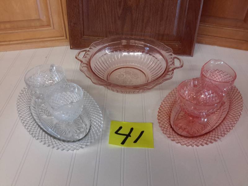lot 41 image: 2, Depression glass cream and sugars and serving bowl
