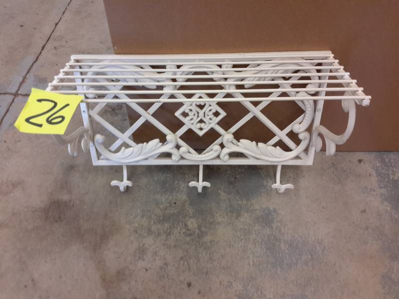 lot 26 image: Wrought Iron Shelf with hangers