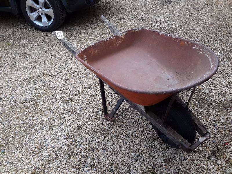 lot 123 image: Metal Wheel Barrow with wood handles