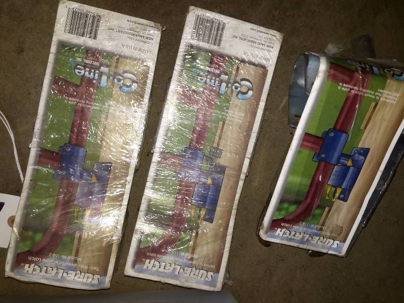 lot 156 image: 3 Gate latches and container of eye bolts etc.