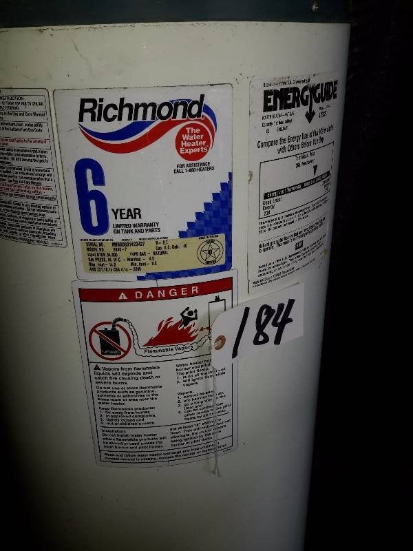 lot 184 image: RICHMOND, 40 Gallon Gas Hot water heater.. Works