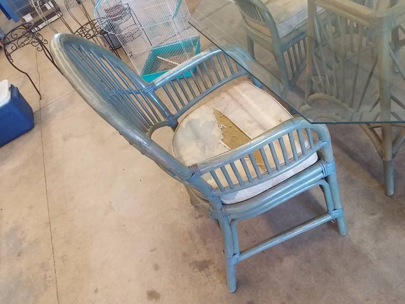 lot 69 image: Rattan Table Frame with Beveled glass top.. Rattan Chairs with good upholstery