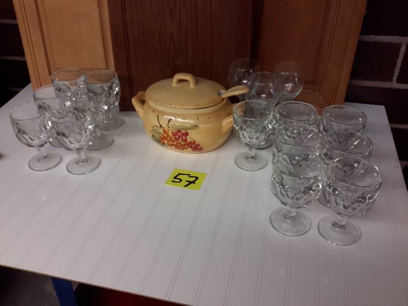 lot 57 image: 13 heavy glass pedestal mugs, Soup Tureen with cover and ladel, 3 wine glasses