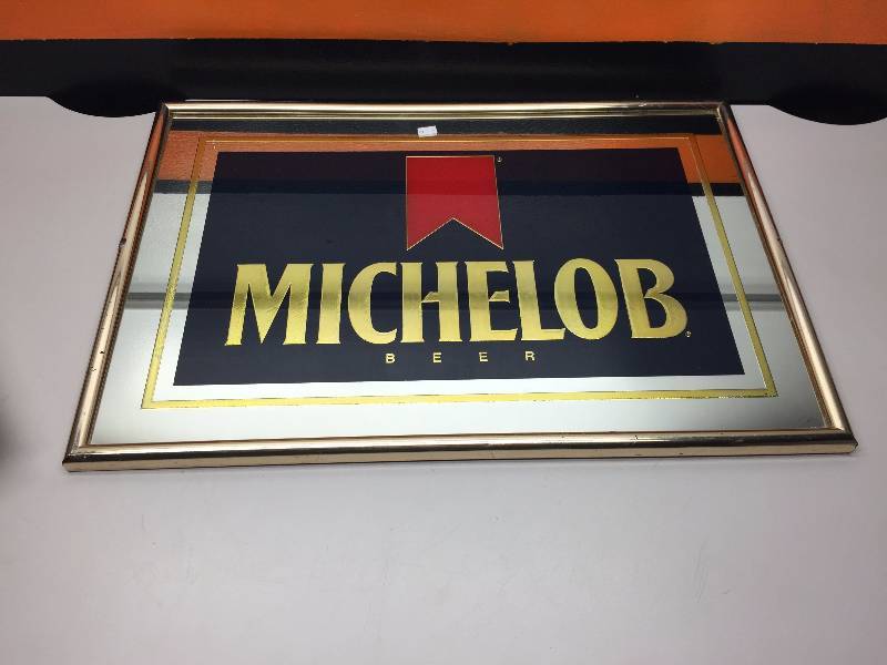 lot 1 image: MICHELOB BEER MIRROR AND 5 PABST BLUE RIBBON BEER BOXES