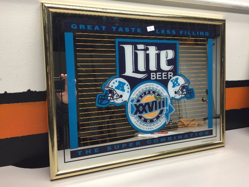 lot 2 image: LITE BEER SUPER BOWL MIRROR, 5 PABST BLUE RIBBON BEER BOXES