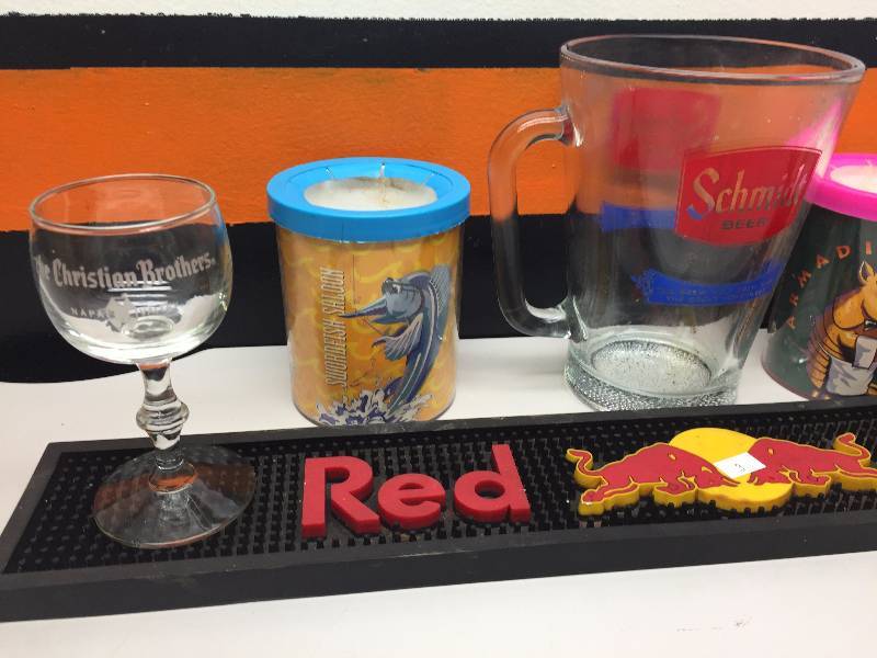 lot 3 image: SCHMIDT BEER TAP AND PITCHER, NAPA VALLEY GLASS, CAN COOZIES