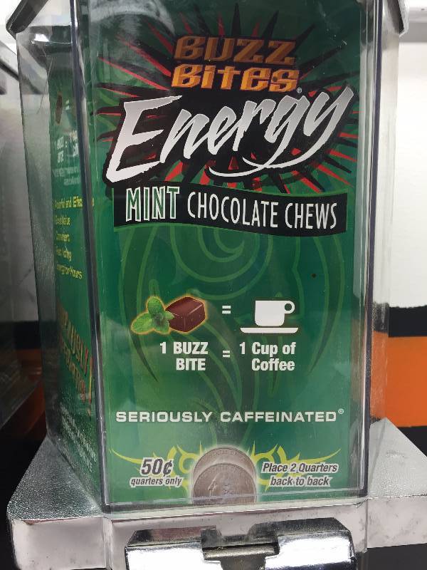 lot 22 image: VENDING MACHINE-BUZZ BITES ENERGY MINT CHOCOLATE CHEWS VENDING MACHINES