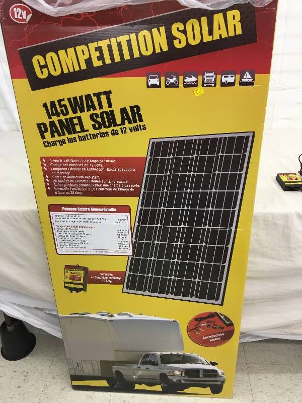 lot 43 image: Competition Solar 50145 145-watt Monocrystalline Solar Panel with 10-Amp controller for 12-volt Charging  retail $399