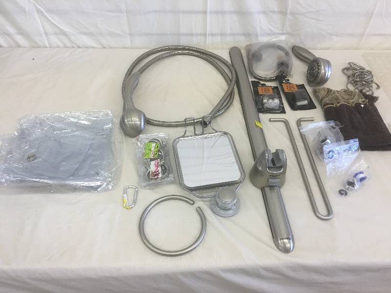 lot 202 image: shower rack,curtain rings,shower head,towel hooks
