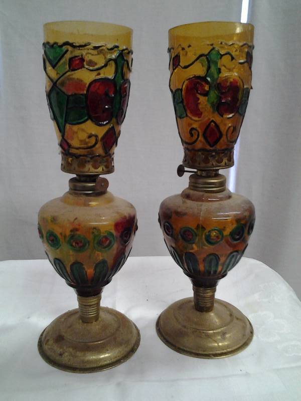 lot 20 image: 2-Vintage Painted Glass Oil Lamps With Shades