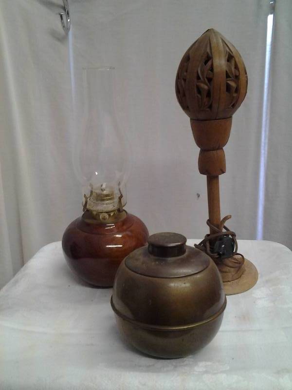 lot 34 image: Wood Flower Light, Wood Oil Lamp, Coppertone Fixture