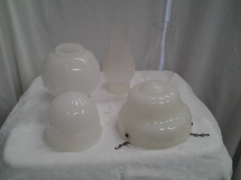 lot 40 image: 3-Milk Glass Shades, 2-Oil Lamp Globes