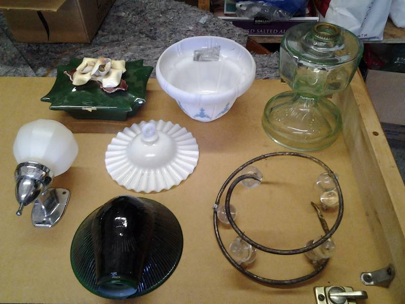 lot 52 image: Green Glass Oil Lamp, Green Glass Shade, Covered Dish, Soap Dispenser, Vintage Shade Has Crack