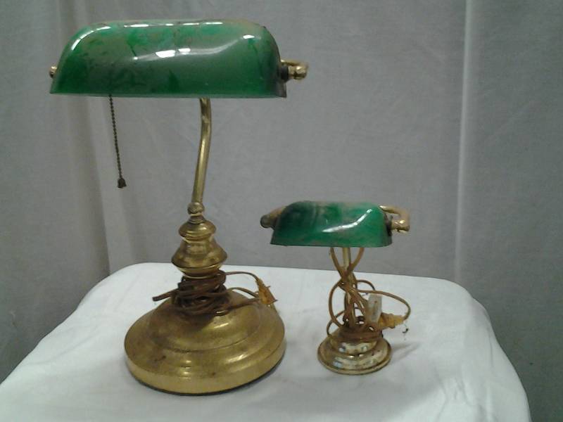 lot 55 image: Brass & Green Glass Bankers Lamps