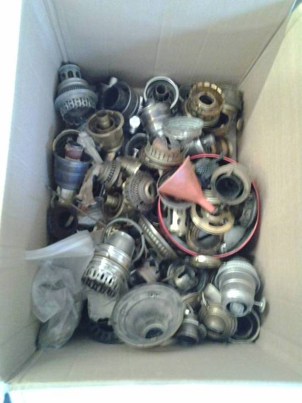 lot 70 image: Box Lot Of Aladdin & Other Oil Lanterns, Parts, Wicks, Accessories