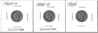 Three Mercury Dimes 1924, 1924-D, & 1924-S
