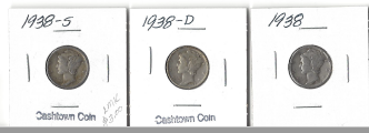 Three Mercury Dimes 1938, 1938-D, & 1938-S