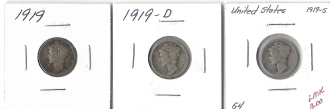 Three Mercury Dimes 1919, 1919-D, & 1919-S