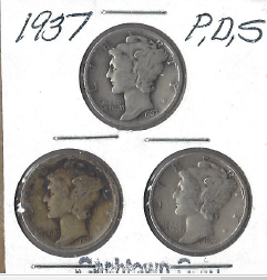 Three Mercury Dimes 1937, 1937-D, & 1937-S