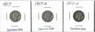 Three Mercury Dimes 1917, 1917-D, & 1917-S
