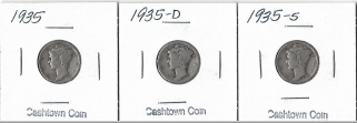 Three Mercury Dimes 1935, 1935-D, & 1935-S