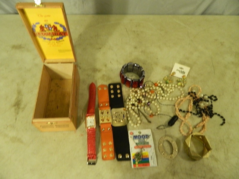 lot 88 image: Wood Baccarat Box with Assorted Jewlery