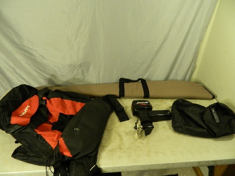 lot 93 image: Hilti Backpack  Hiking Pack, Mercury Hitch Cover, and Gun Case
