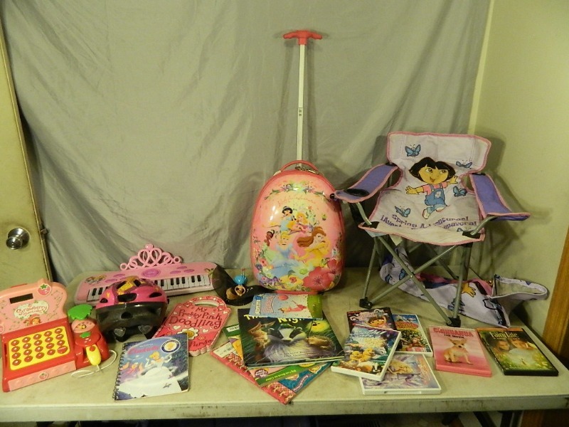 lot 159 image: Kids Bag Chair, Kids Dvds, and Toys