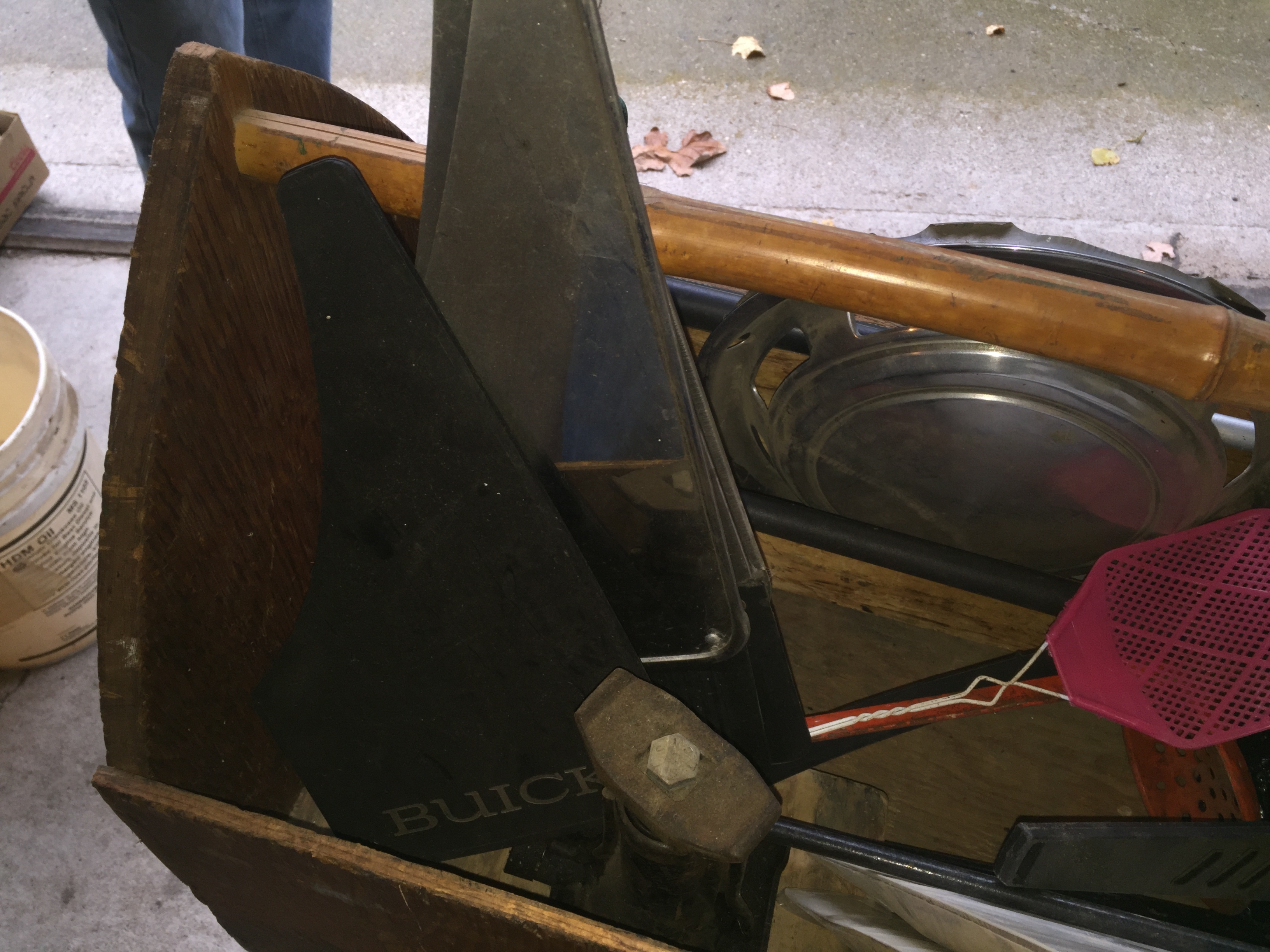 lot 32 image: Wood Tool box full of car cleaning supplies
