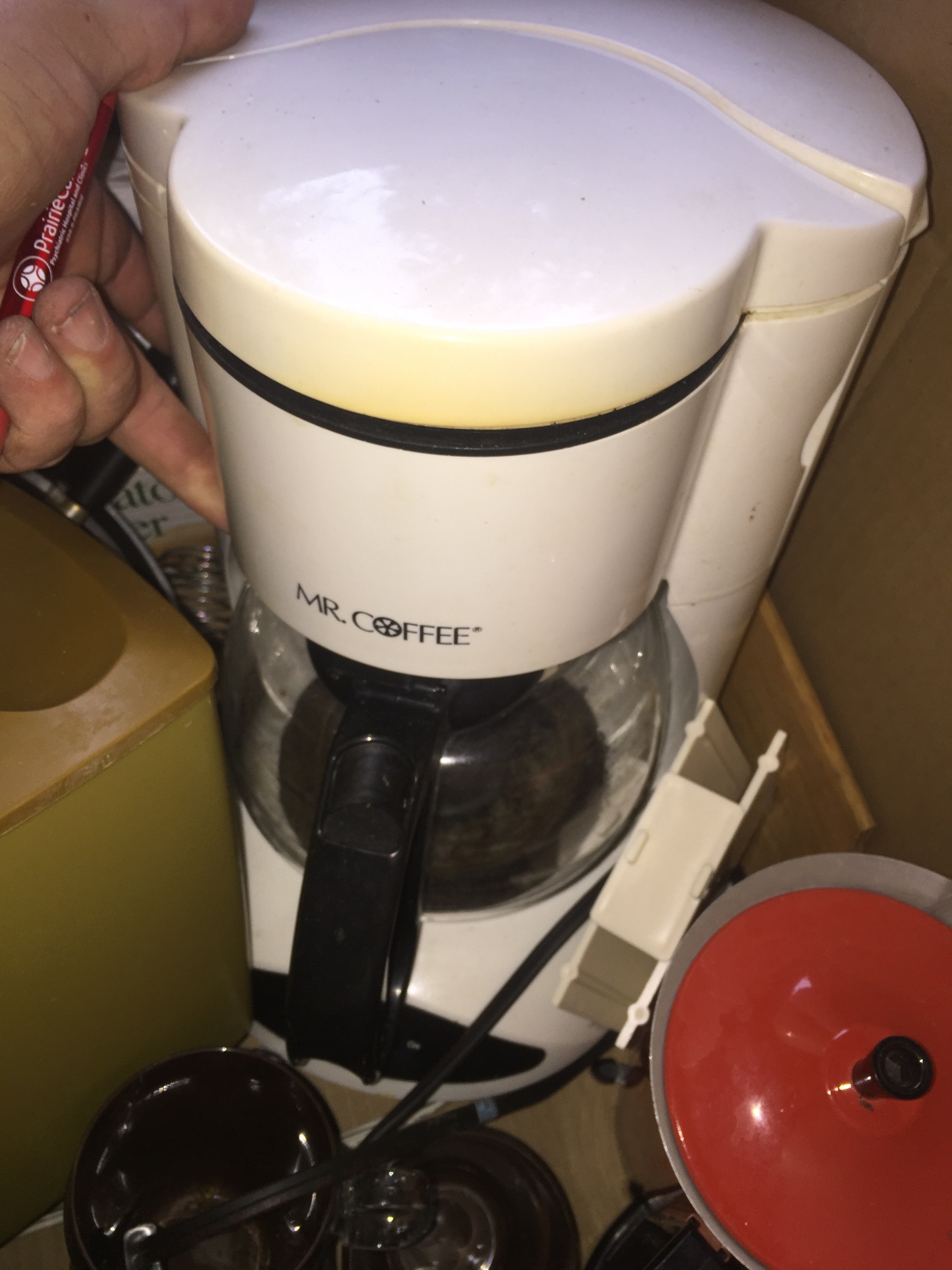 lot 57 image: Box of kitchen supplies, coffee pot, lefse roller etc...