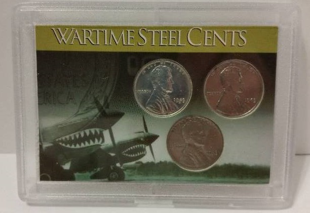 lot 57C image: 1943 P,D and S (Philadelphia, Denver and San Francisco Mints) Emergency Issue Steel Cents in Flying Tigers Decorative Case