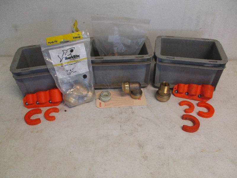 lot 34 image: 3 Stackable Grey Bins With Contents