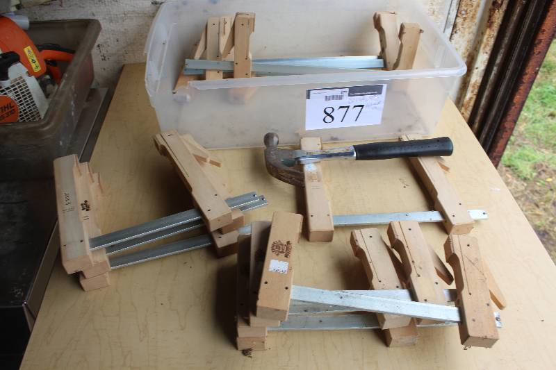 lot 877 image: Lot of (Approximately 10) Wood Clamps & (1) Hammer