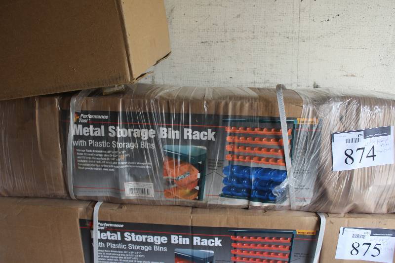 lot 874 image: Performance Tool Metal Storage Bin Rack w Plastic Storage Bins