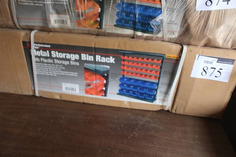 lot 875 image: Performance Tool Metal Storage Bin Rack w Plastic Storage Bins
