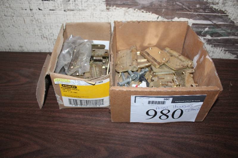 lot 980 image: Lot of (2) Boxes of 3-Hole House Door Hinges w Misc Hardware