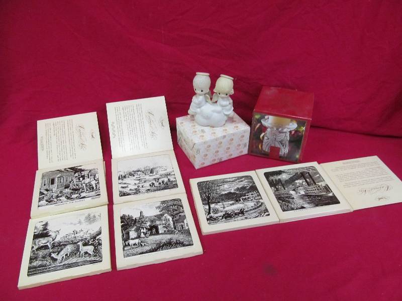 lot 48 image: vintage Courier And Ives art tile, Precious Moments Lead Crystal candle stand