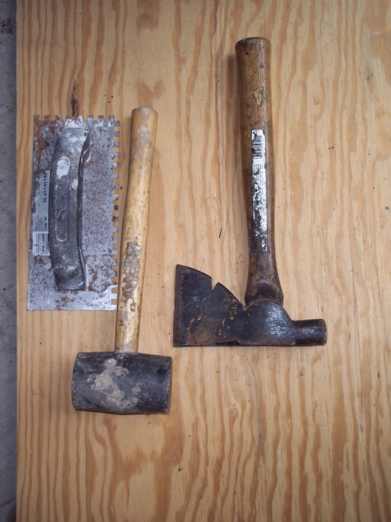 Rubber mallet, hatchet and trowel