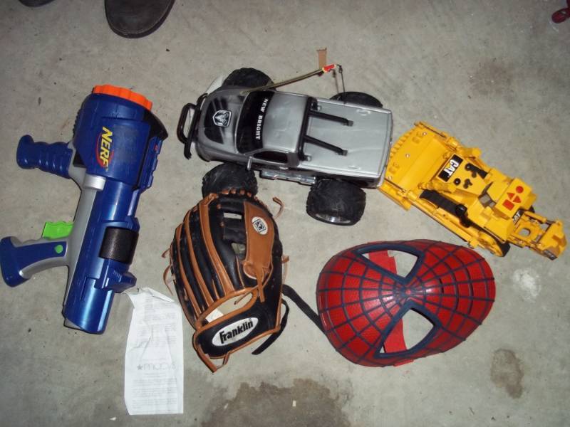 Ball mitt, mask, Nerf gun, toy truck and tractor