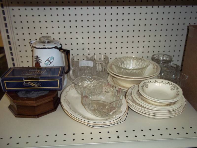 lot 109 image: Assorted Dishware, Glassware, Coffee Pot, etc