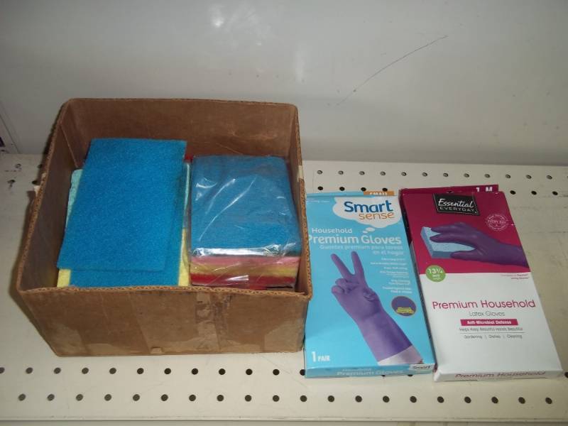 lot 111 image: Box of Cleaning Supplies with Gloves