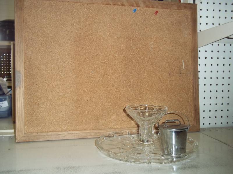 lot 115 image: Corkboard, Chrystal Serving Dish, etc