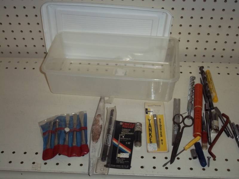 lot 198 image: Storage tub with drill bits and tools