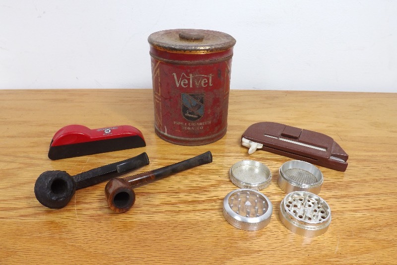 lot 25 image: Lot of Vintage Smoking Accoutrements Featuring a Complete Sharp Stone Grinder