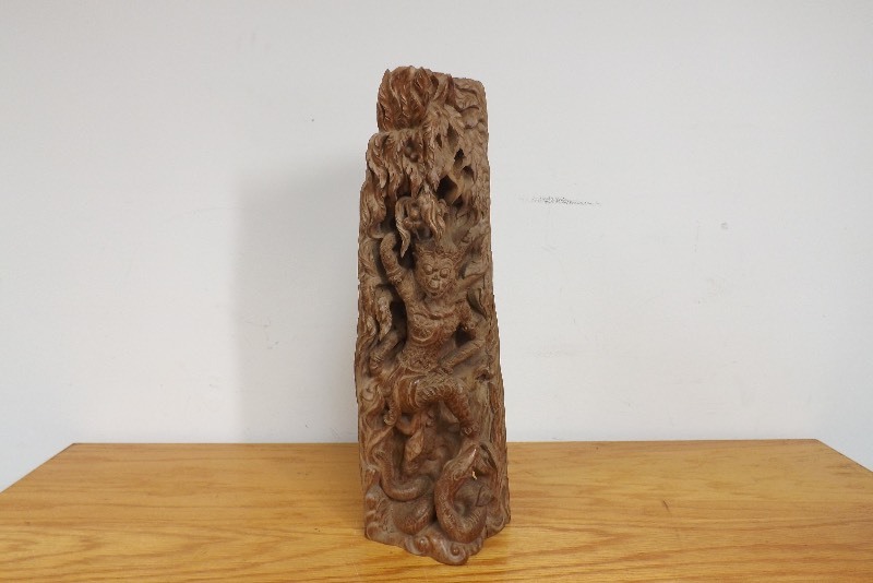 lot 32 image: VERY Ornately Carved Wood Asian God Statue