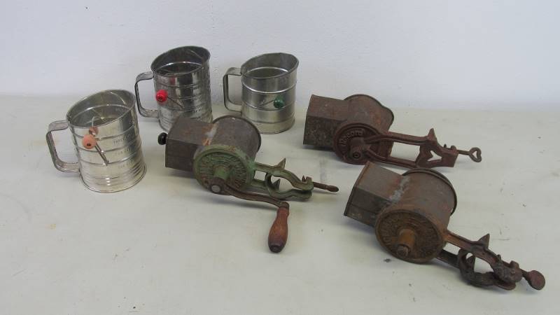 lot 30 image: Antique Flour Sifters & Kitchen Grinders