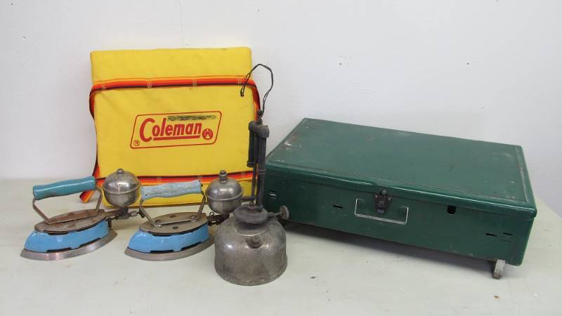 lot 32 image: Vintage Coleman Items Including 2 Blue Irons