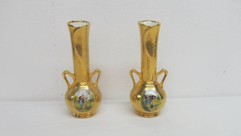 lot 53 image: Pair of Osborne 22k Gold Hand Painted Vases