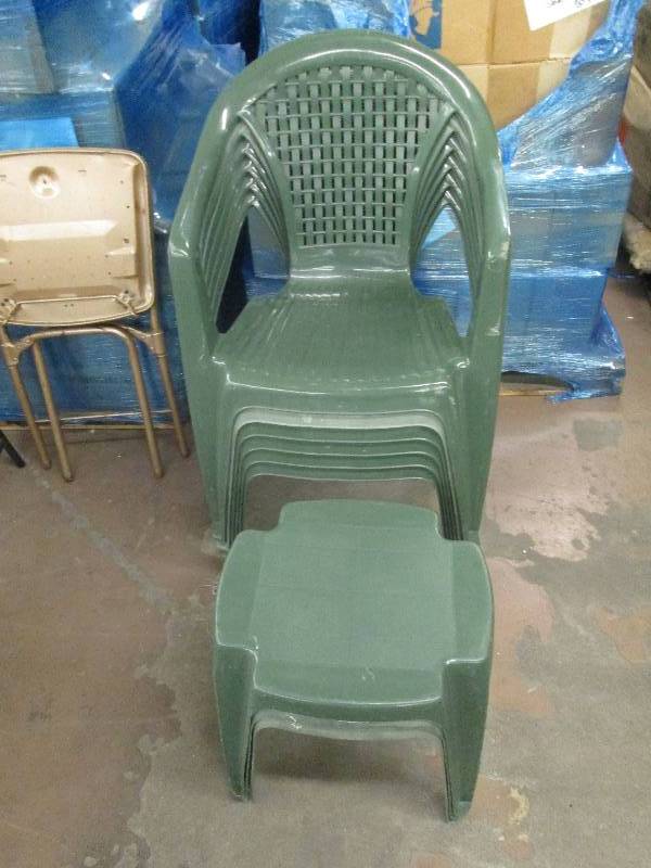 lot 19 image: 6 plastic green chairs and 3 green ...